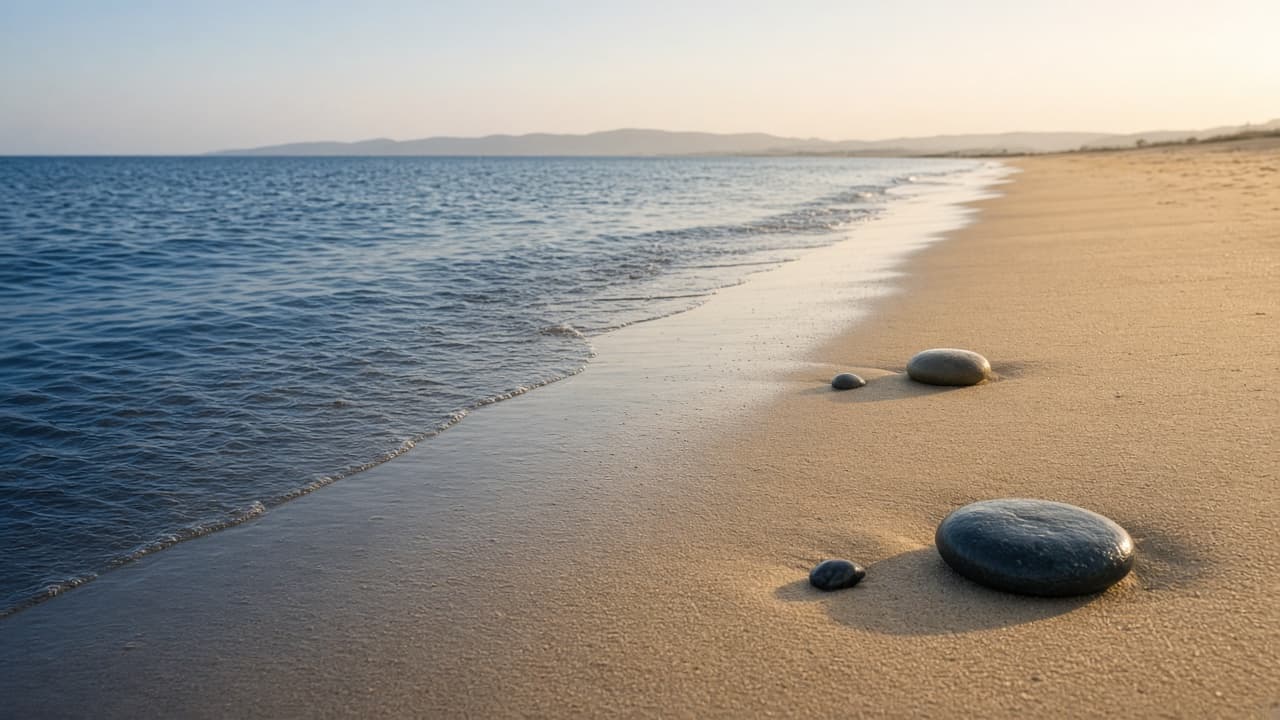 Quiet shoreline with pale sand, a few smooth stones, and deep water.