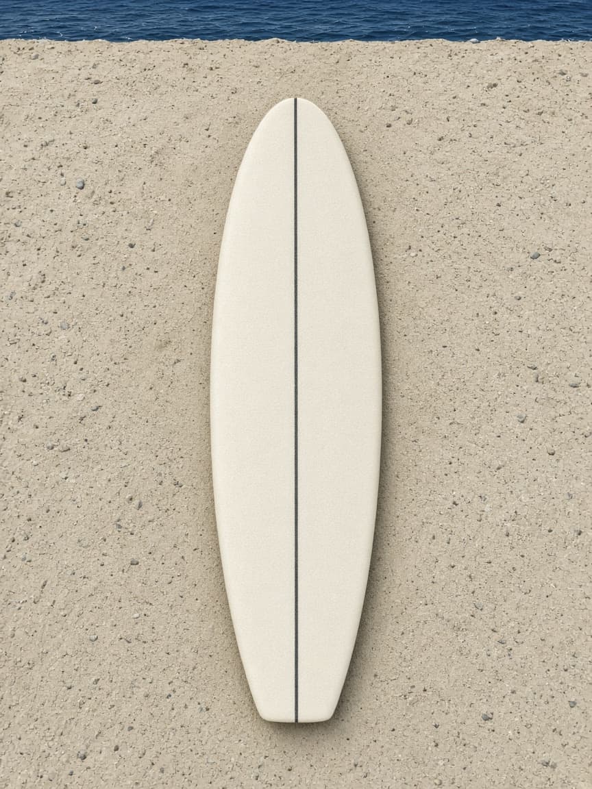 SURFCOOL Wave One seen from above on sand, off-white deck with a charcoal stringer.